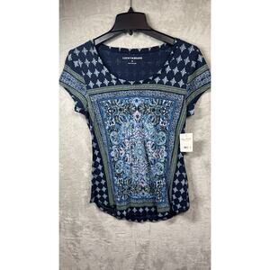 Lucky Brand NEW Women Top Blouse Sz S Blue Green Pullover Short Sleeve Stretch